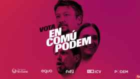 Imagen del primer spot electoral de En Comú Podem, con los rostros de Xavier Doménech, Pablo Iglesias y Ada Colau.