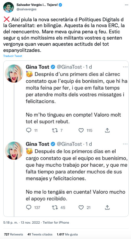 Salvador Vergés, criticando a Gina Tost por hacer tuits en dos idiomas