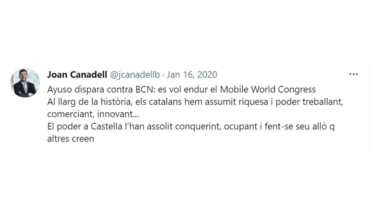 Mensaje de Joan Canadell en su cuenta personal de Twitter en contra de Ayuso el 16 de enero de 2020 / @jcanadellb