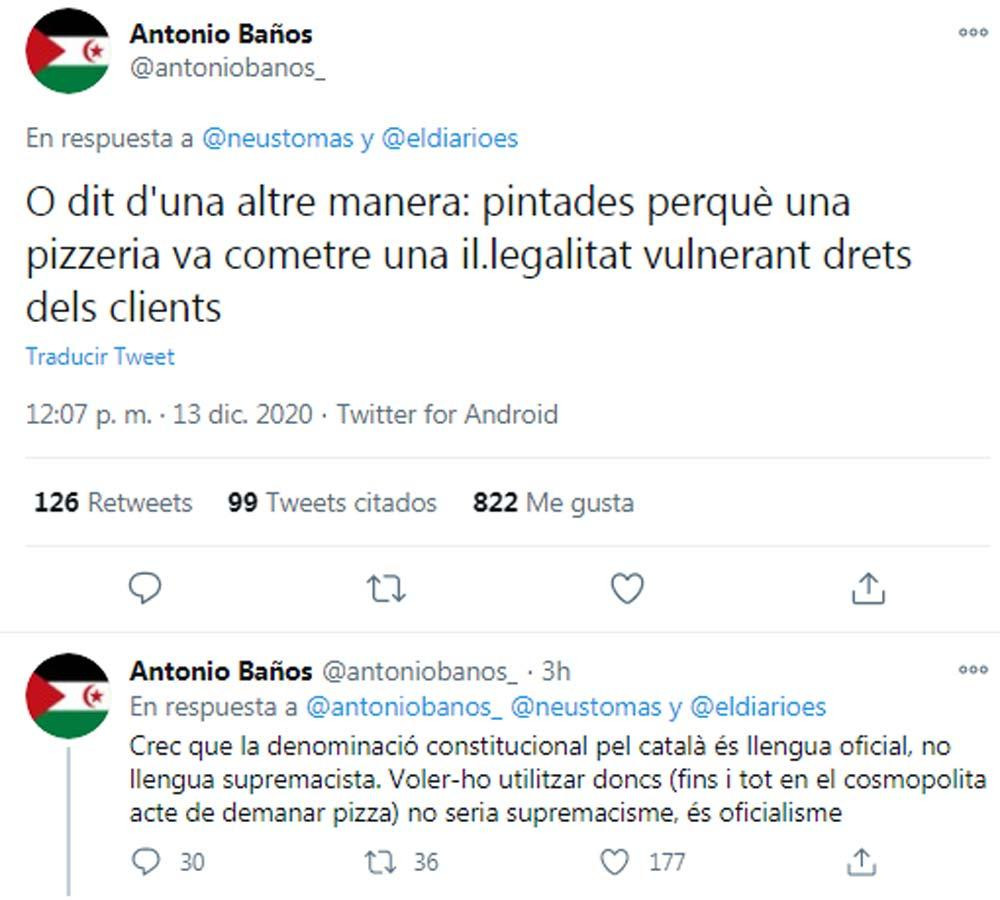 Antonio Baños, justificando el ataque a una pizzería en su perfil de Twitter