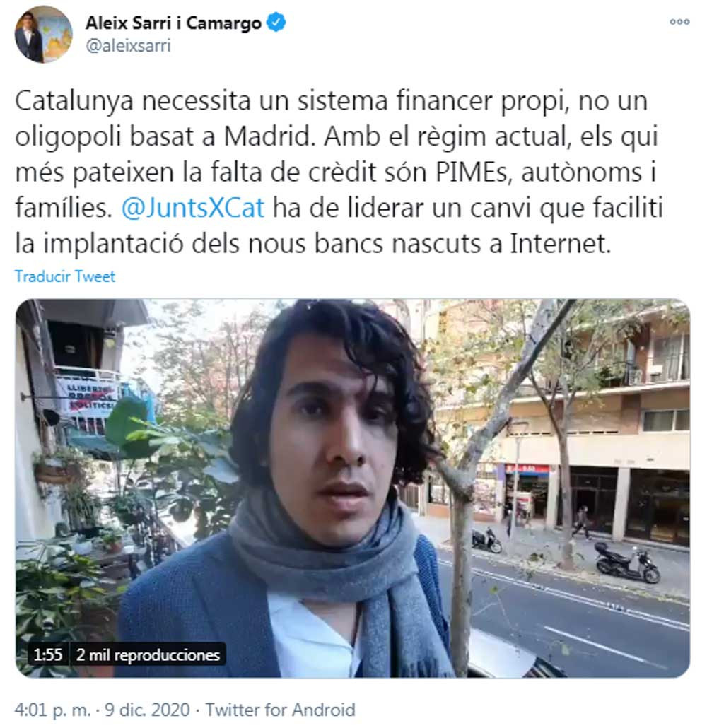 Aleix Sarri, pidiendo un sistema financiero propio en sus redes sociales