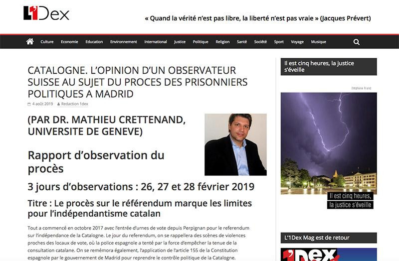 Articulo de Mathieu Crettenand, profesor de la Universidad de Ginebra, a favor del 'procés' en L1Dex