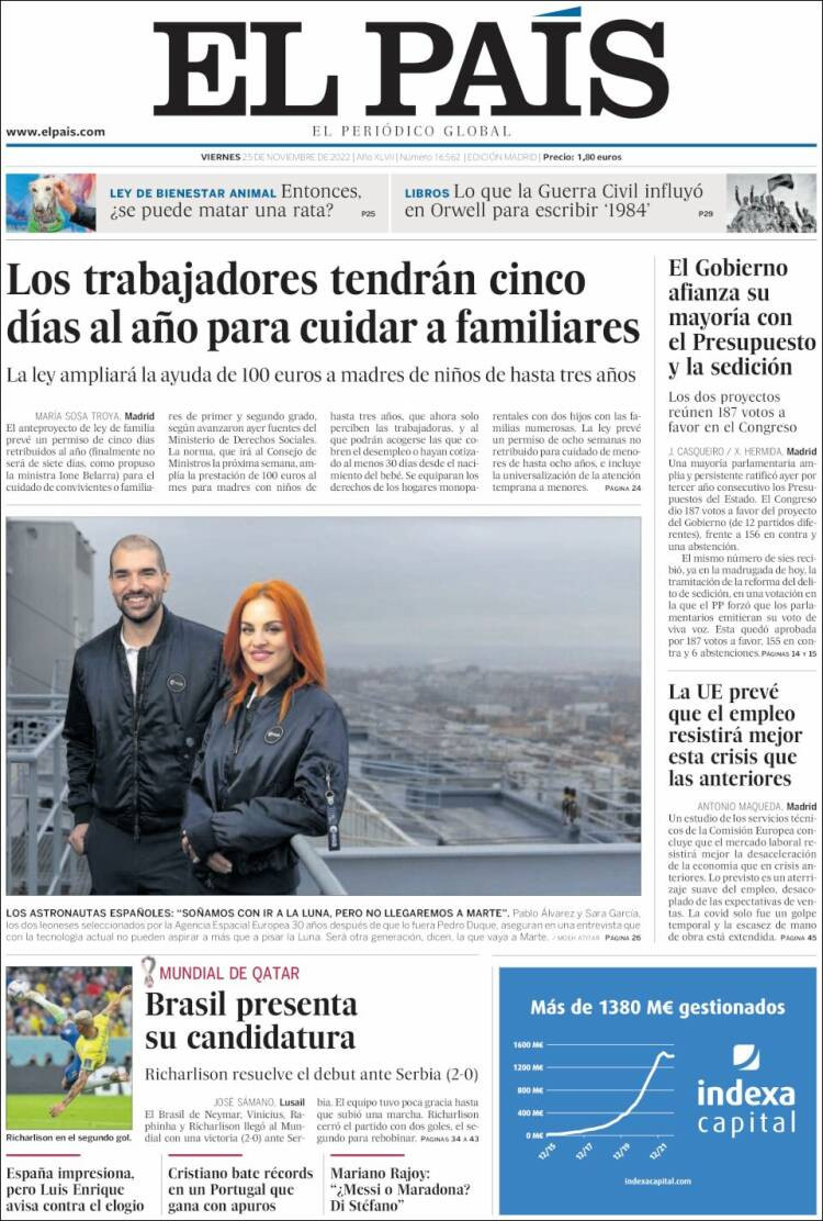 Portada de 'El País' de 25 de noviembre de 2022 / kiosko.net