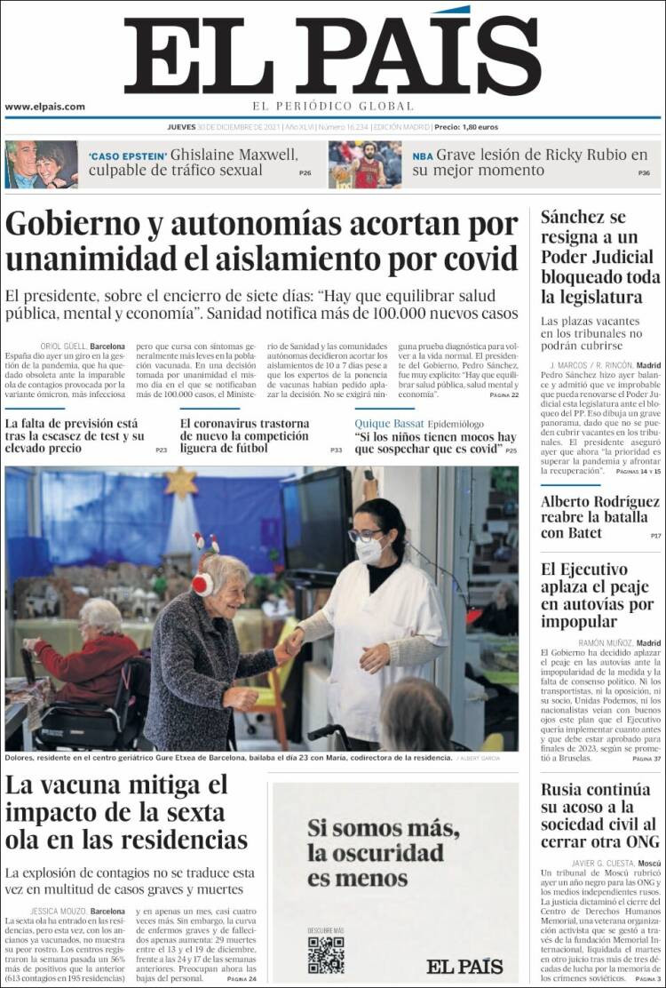 Portada de 'El País' del 30 de diciembre de 2021 / KIOSKO.NET