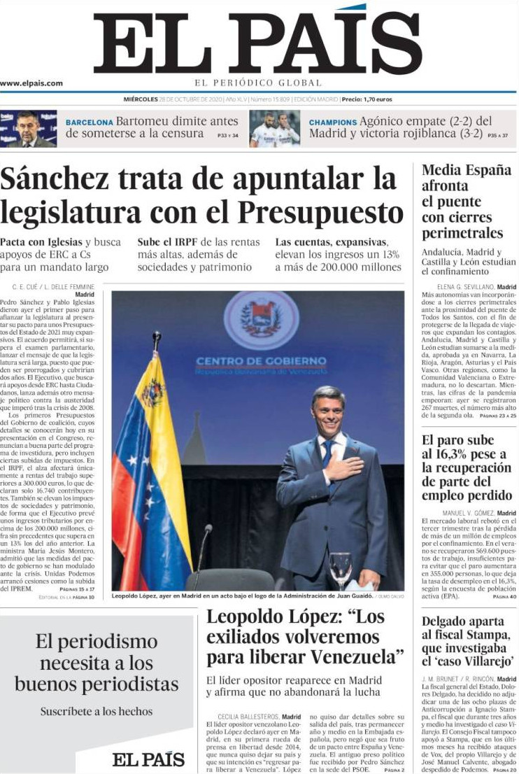 Portada de 'El País' del 28 de octubre de 2020 / KIOSKO.NET