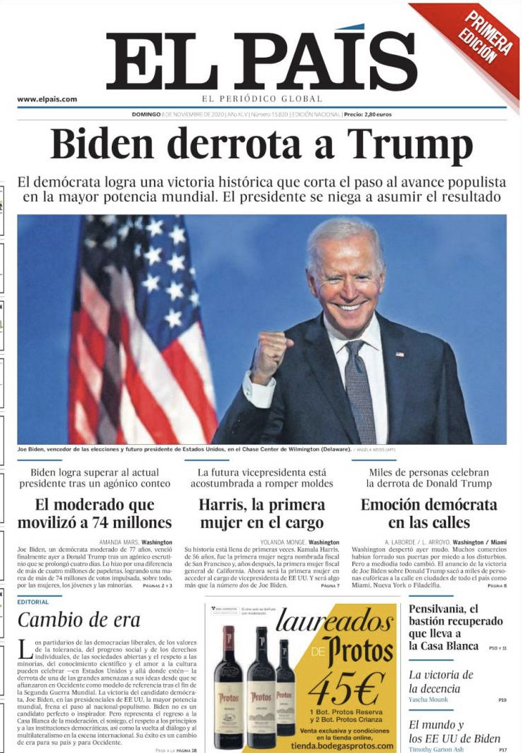 Portada de 'El País' del 8 de noviembre de 2020 / KIOSKO.NET
