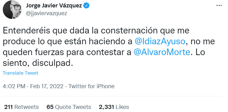 Publicación de Jorge Javier Vázquez en Twitter / @jjaviervazquez