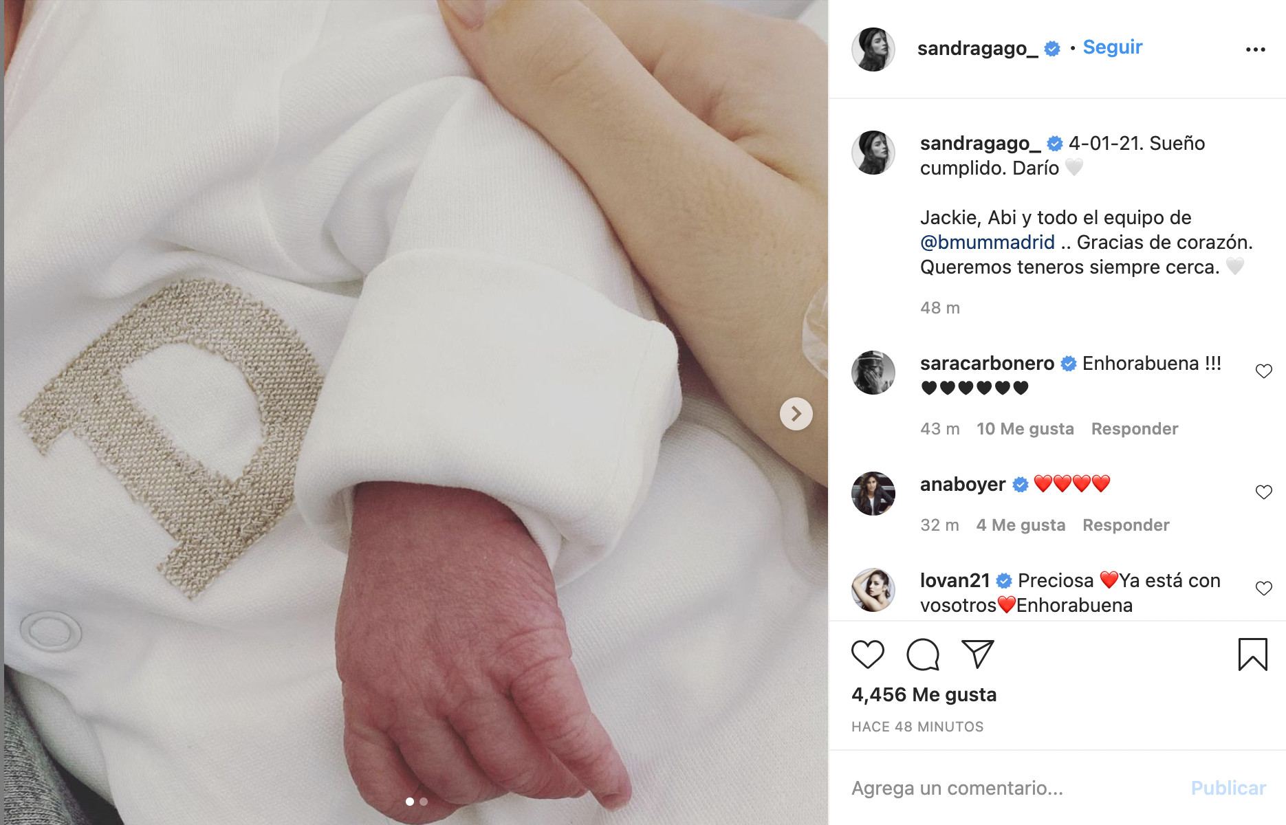 La primera imagen del bebé de Feliciano López y Sandra Gago / INSTAGRAM