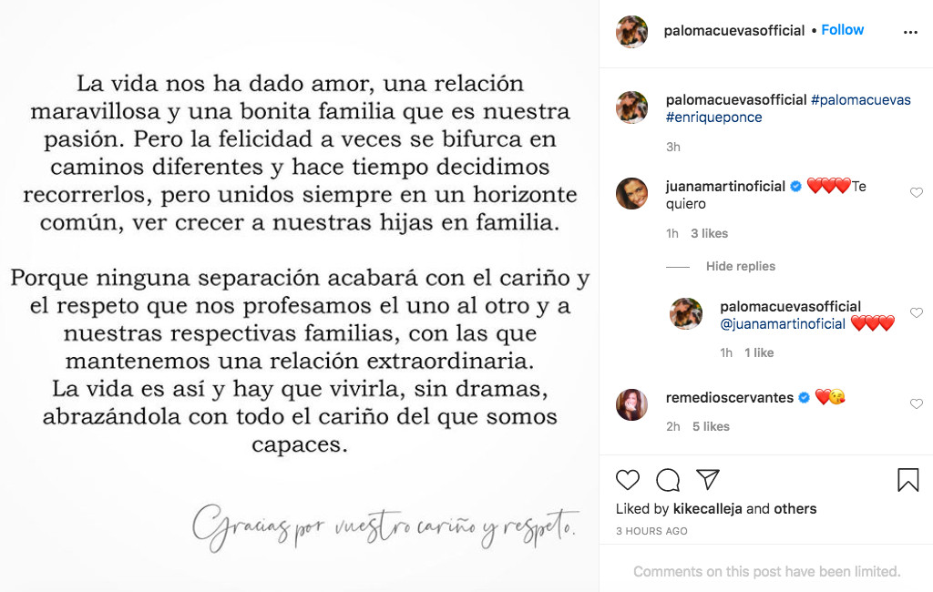 Paloma Cuevas aclara su polémica separación de Enrique Ponce en sus redes sociales / INSTAGRAM