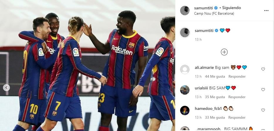 Samuel Umtiti celebra el gol de Messi EFE