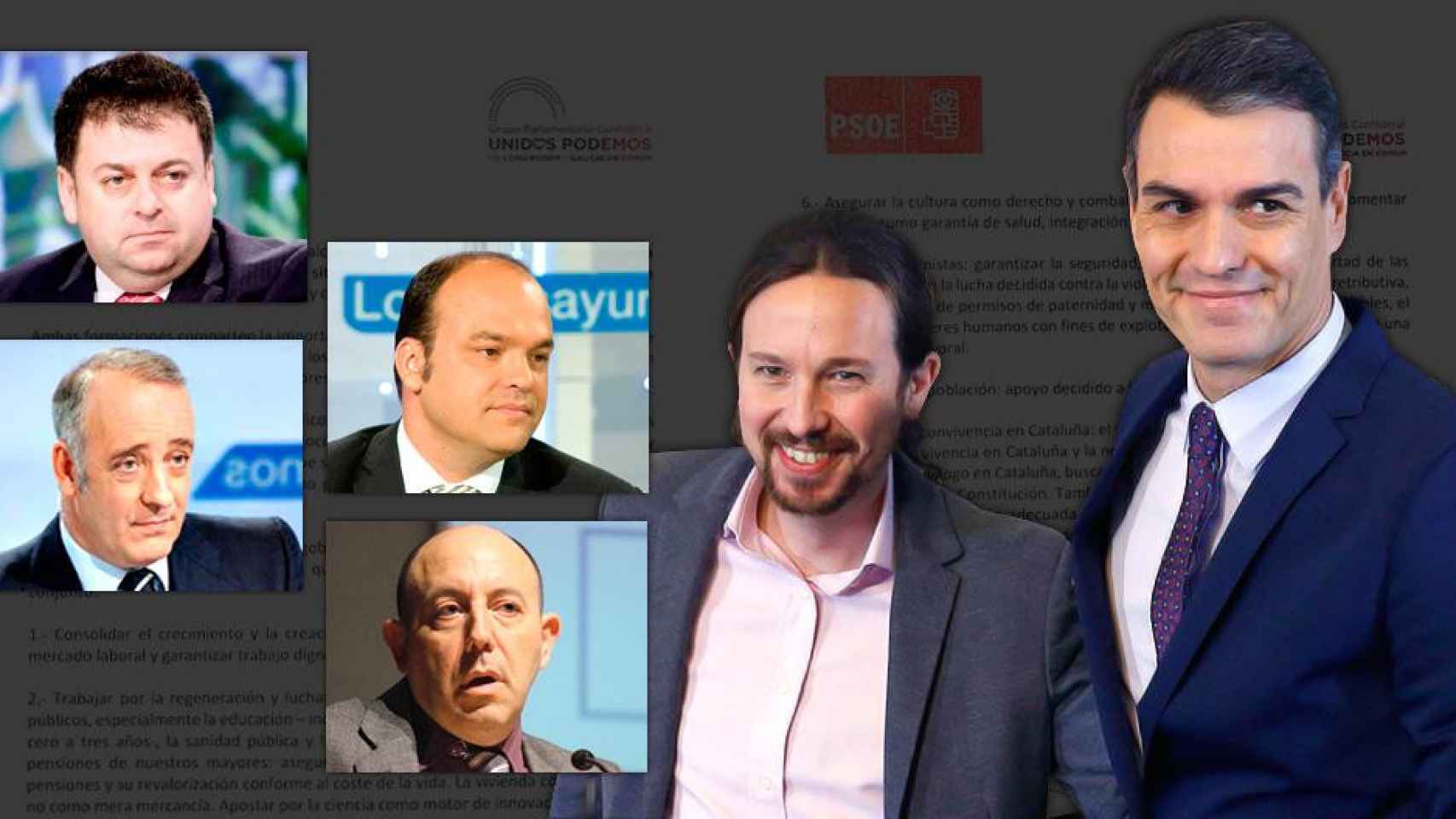 Pablo Iglesias y Pedro Sánchez, junto a los economistas Santiago Carbó, Bernaldo de Quirós, José Carlos Díez y Gonzalo Bernardos / CG