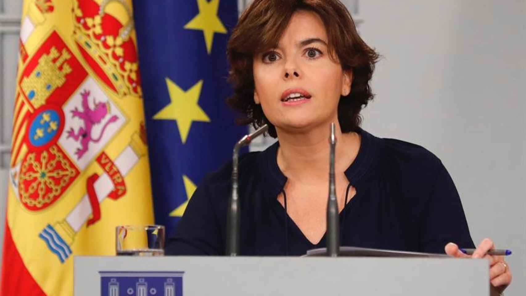 Soraya Sáenz de Santamaría, durante la rueda de prensa hoy en el Palacio de la Moncloa / EFE