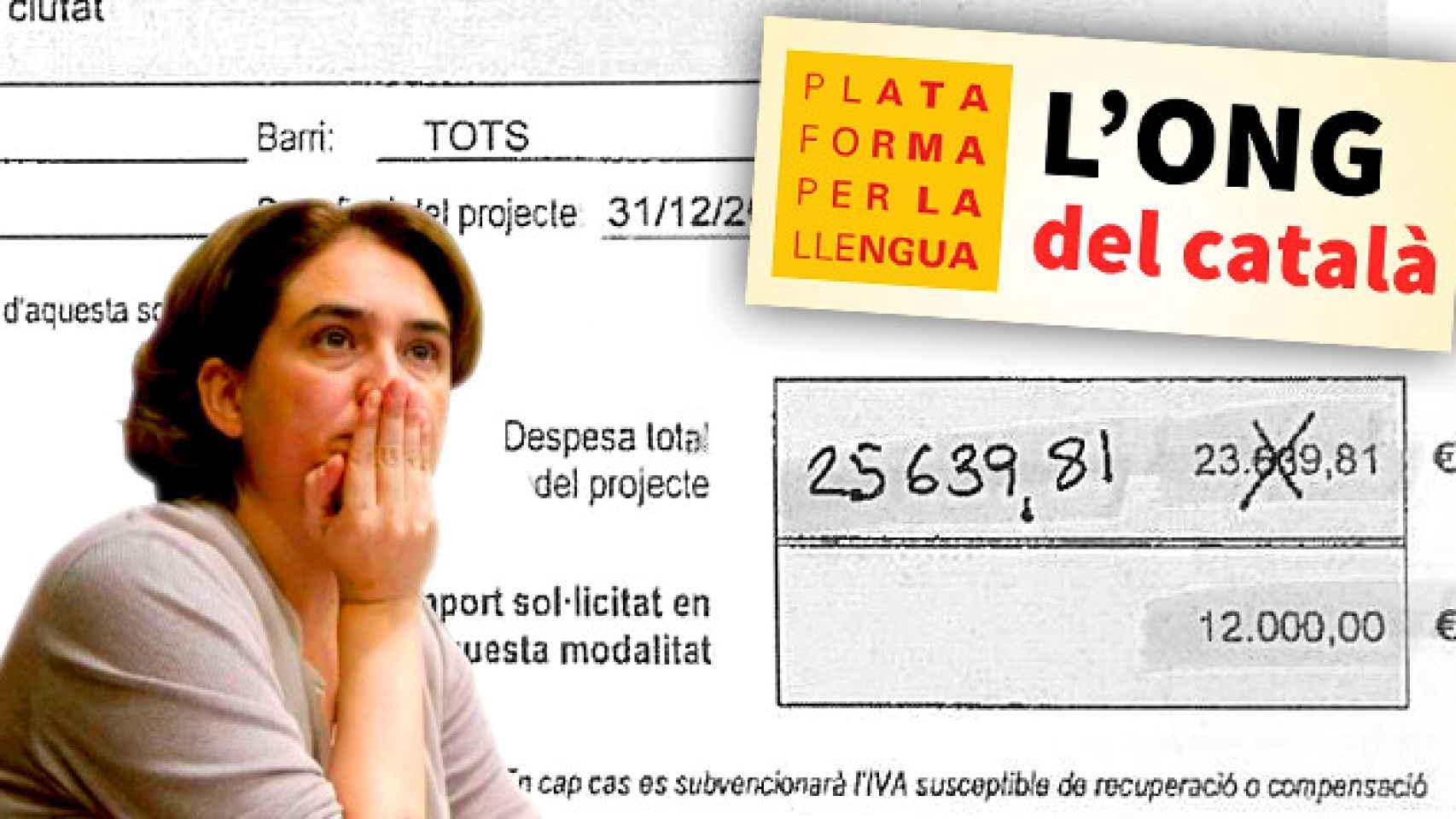 Ada Colau, alcaldesa de Barcelona, el logo de Plataforma per la Llengua y fragmento de una petición de las subvenciones / FOTOMONTAJE CG