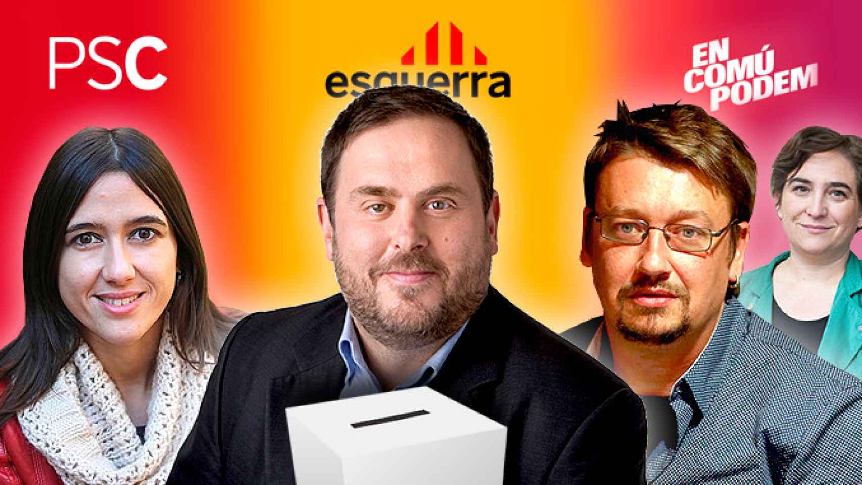 Núria Parlon (PSC), Oriol Junqueras (ERC) y Xavier Domènech (En Comú Podem), un posible tripartito de izquierdas con Ada Colau en la sombra / FOTOMONTAJE DE CG