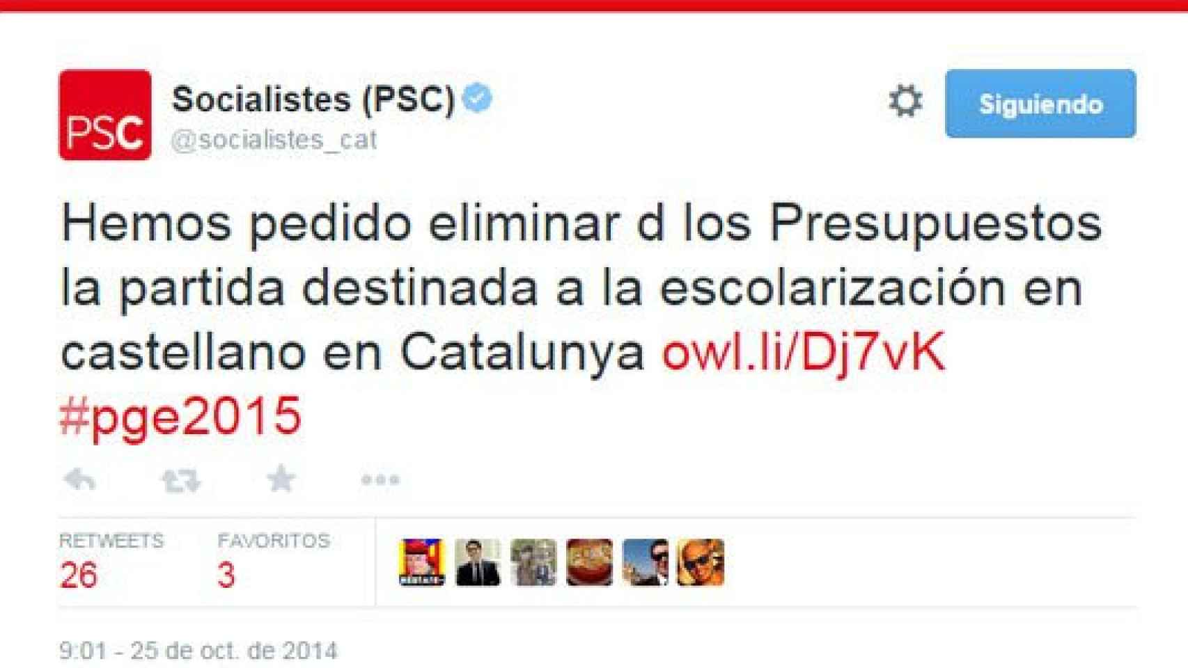 Tuit del PSC en el que anuncia su enmienda contra la partida de los Presupuestos destinada a garantizar una educación bilingüe en Cataluña