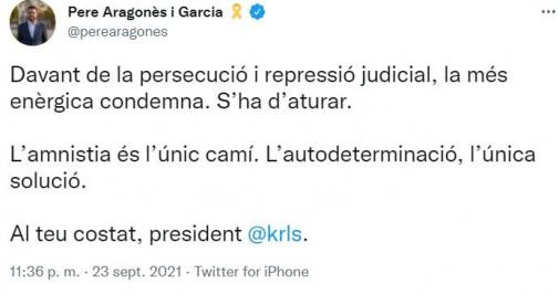 Pere Aragonès reacciona a la detención de Puigdemont en Cerdeña / TWITTER