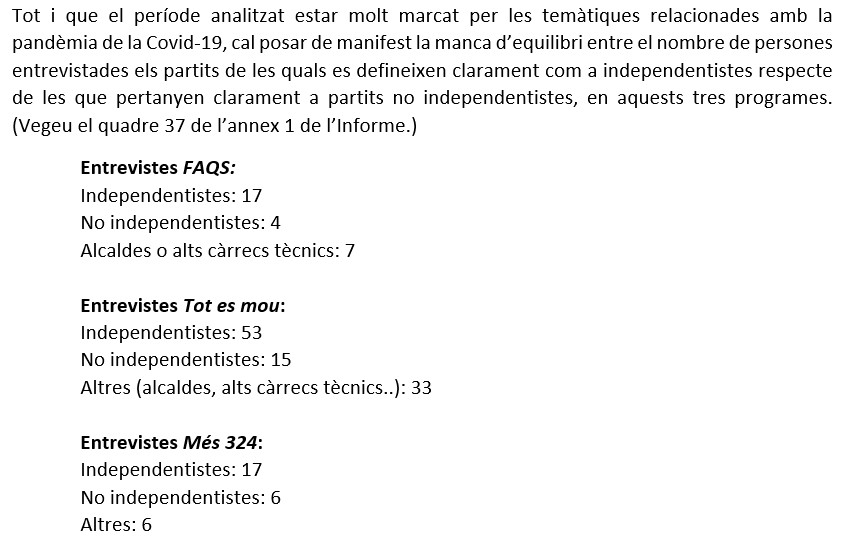 Datos sobre las entrevistas de TV3 incluidos en el voto concurrente de la consejera del CAC Carme Figueras