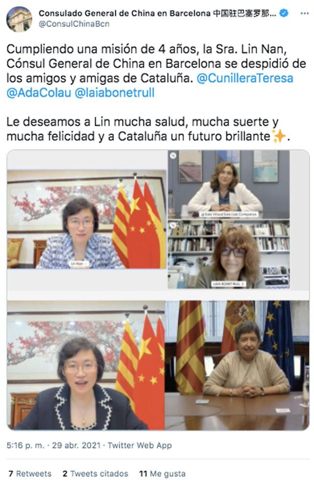 El adiós de la cónsul china en Barcelona Lin Nan, en Twitter / CG