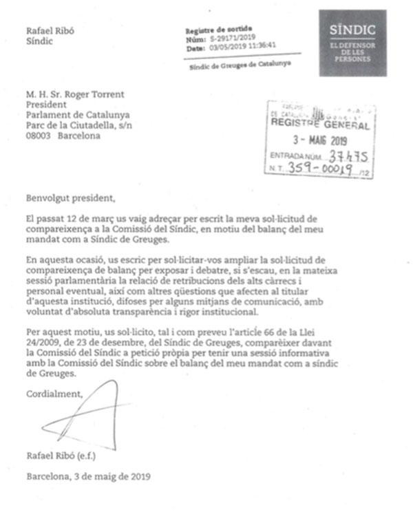 Carta del Síndic de Greuges al presidente del Parlament, Roger Torrent, en el que se ofrece a dar explicaciones sobre un viaje al que supuestamente le invitó un empresario