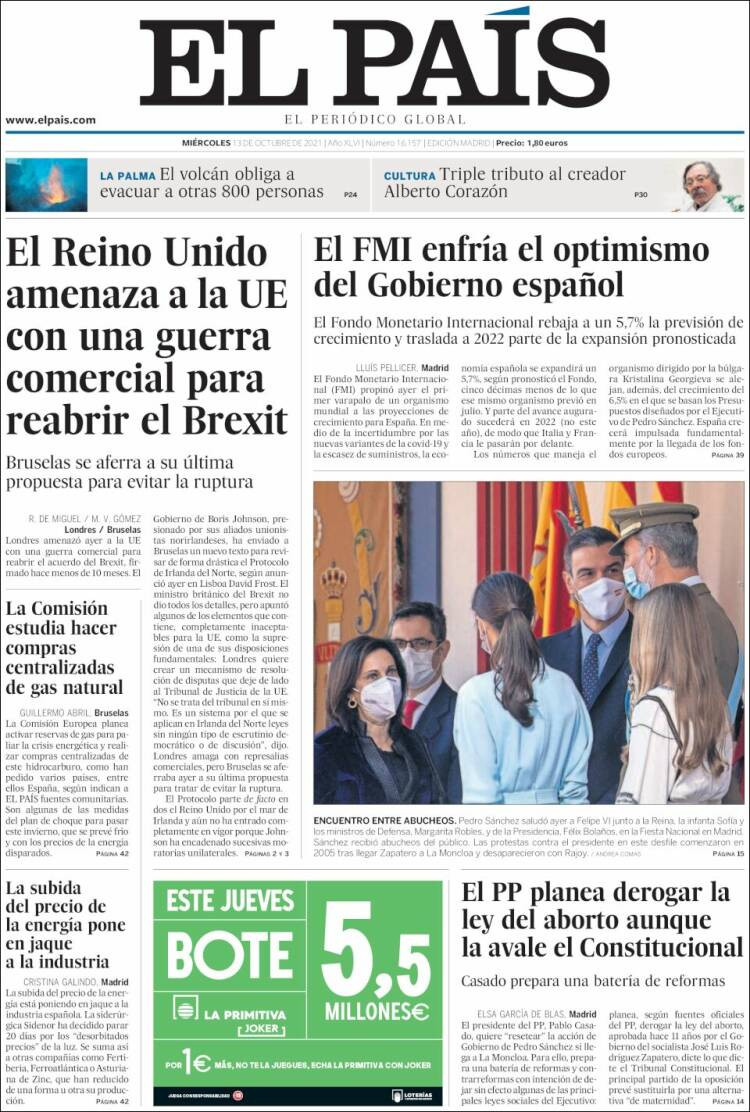 Portada de 'El País' del 13 de octubre de 2021 / KIOSKO.NET