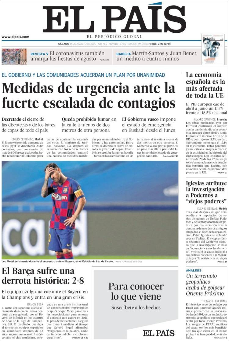 Portada de El País, 15 de agosto de 2020