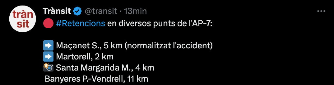 Tuit del Servei Català de Trànsit informando del accidente en Maçanet / SCT