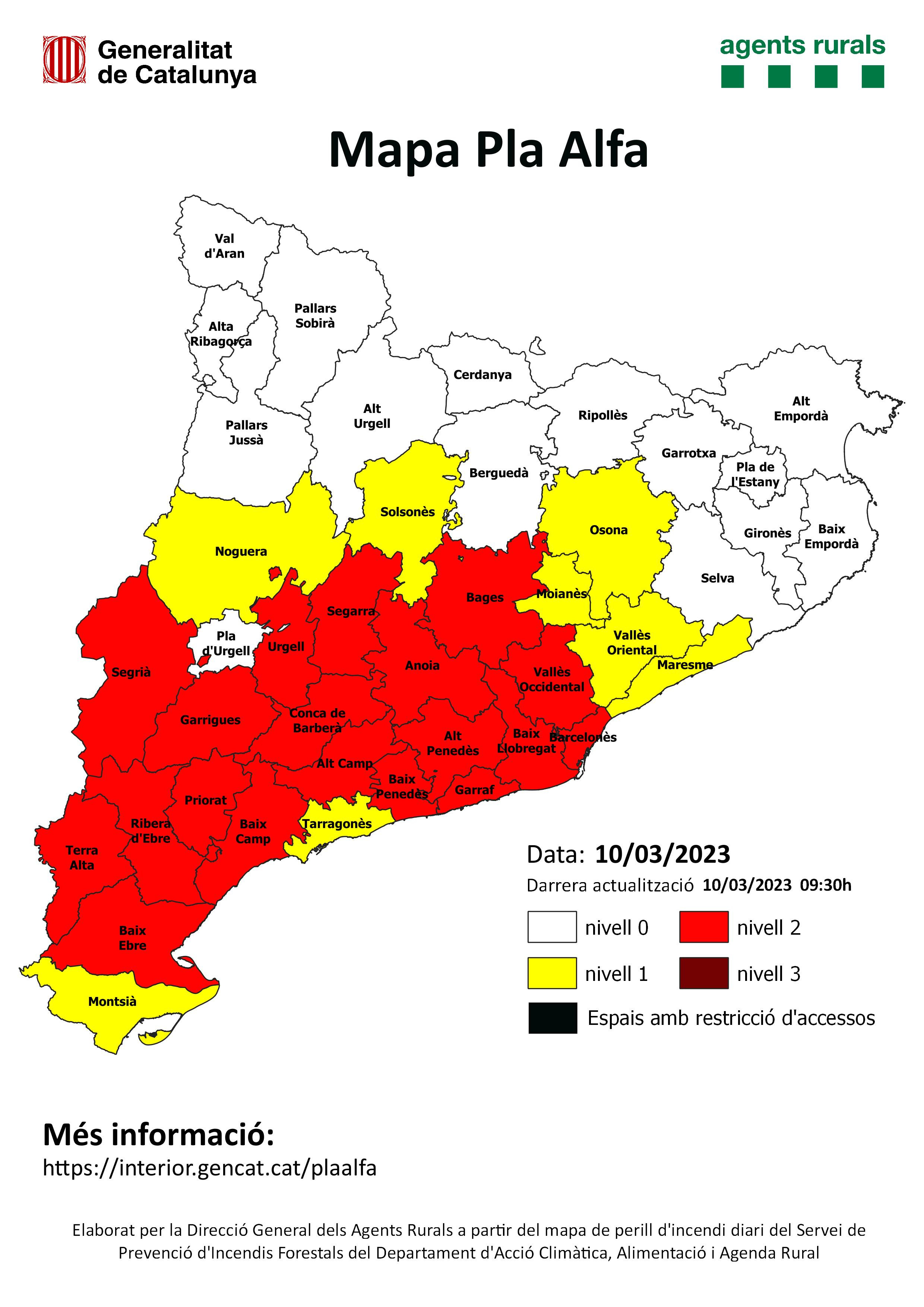 Mapa con el riesgo de incendios en Cataluña / PROTECCIÓ CIVIL