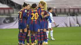 Las jugadoras del Barça femenino celebrando uno de los goles contra el Espanyol / FC Barcelona
