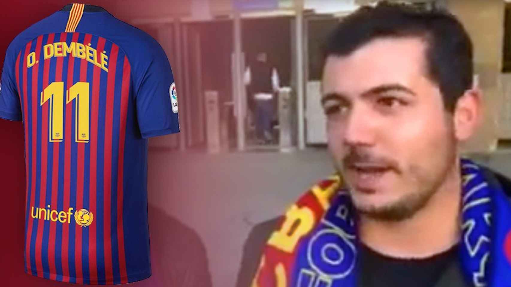La camiseta de Dembelé y un aficionado del Barça / FOTOMONTAJE DE CULEMANÍA