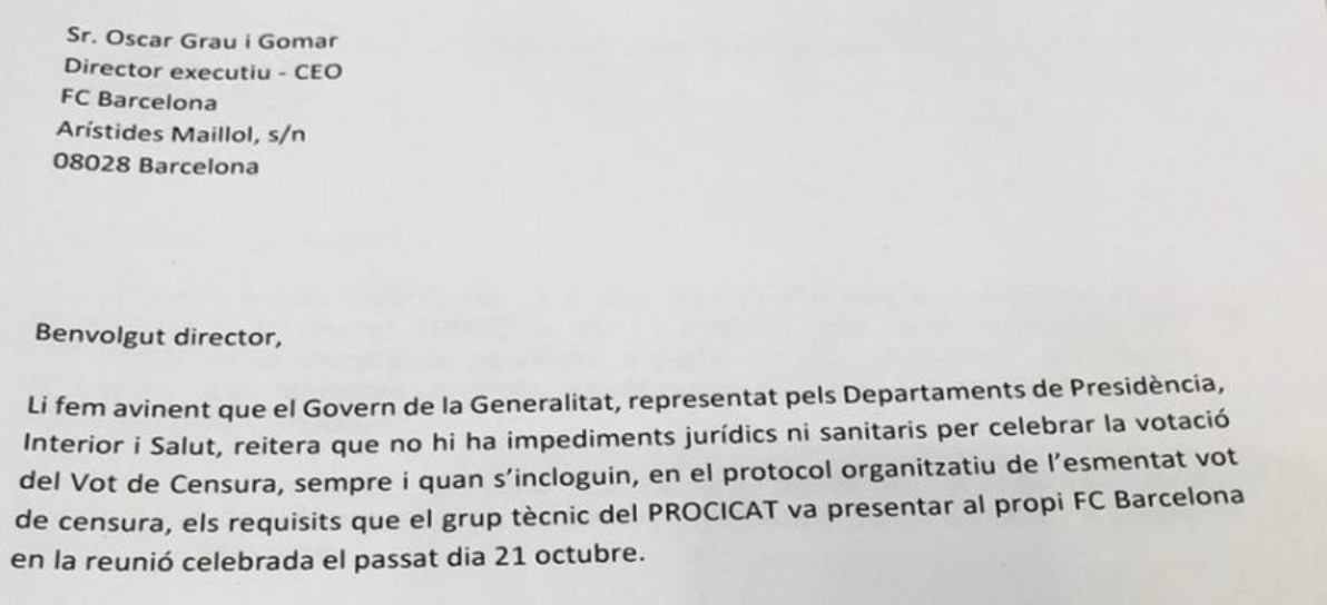Carta enviada por la Generalitat a Oscar Grau / SER