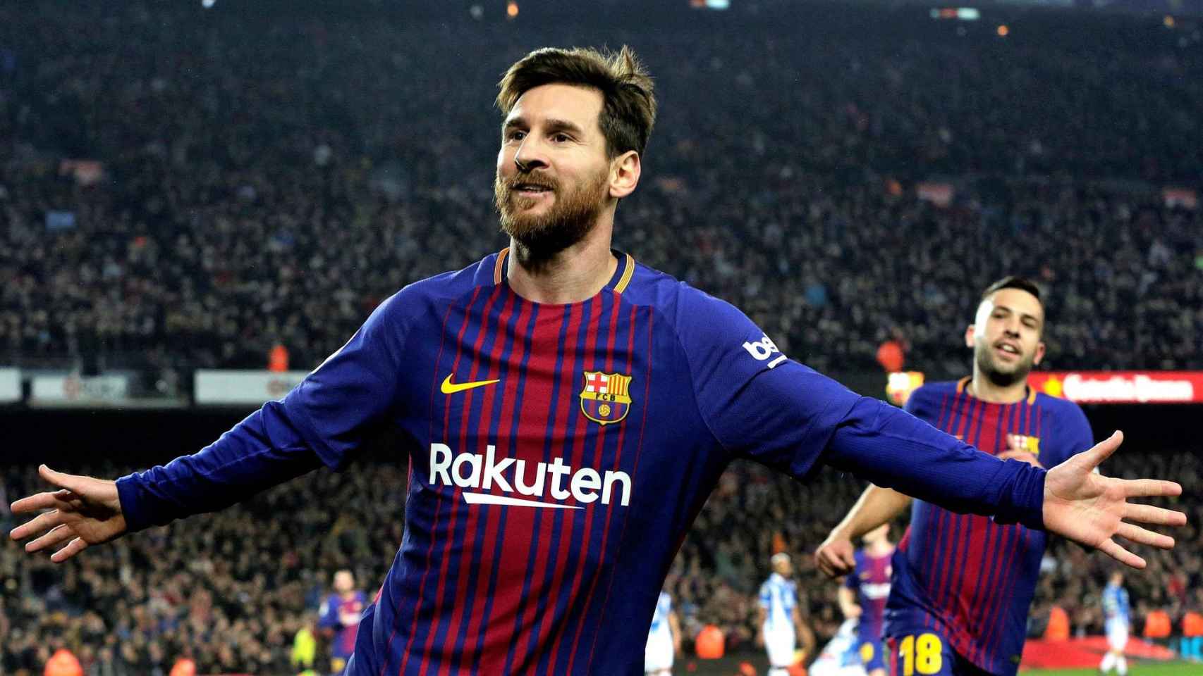 Messi celebra un gol en el Barça-Espanyol de la pasada temporada 2017-18 / EFE