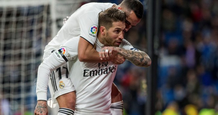 Sergio Ramos celebrando el gol de penalti frente al Leganés / EFE