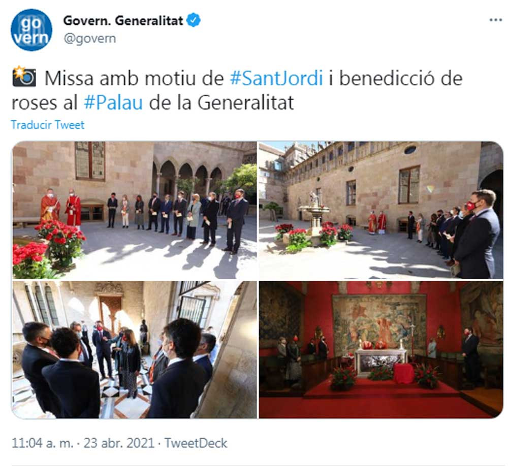 La misa de Sant Jordi en la sede de la Generalitat, difundida a través del perfil oficial de Twitter del Govern catalán