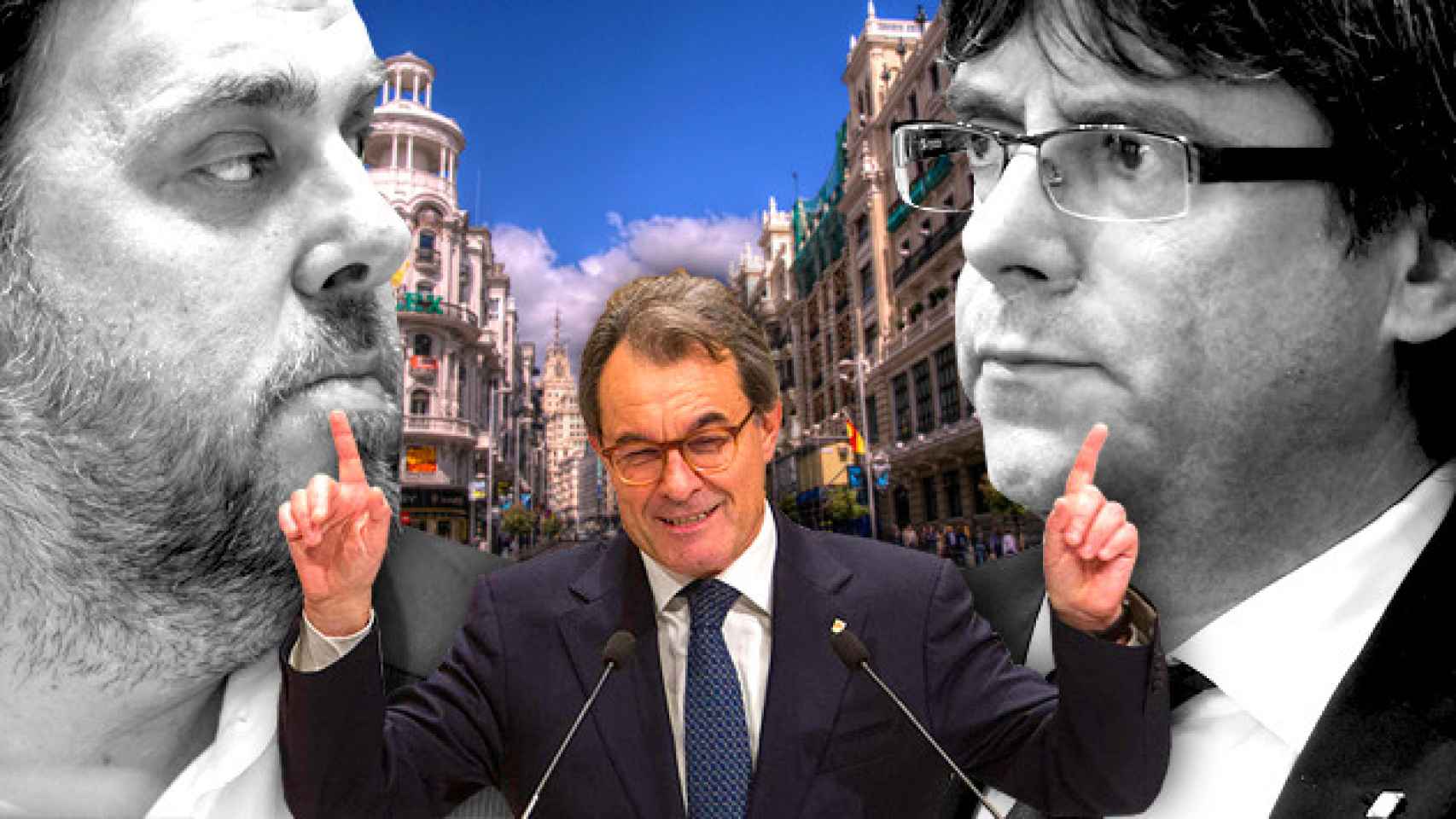 Oriol Junqueras, Artur Mas y  Carles Puigdemont. De fondo la Gran Via de Madrid / FOTOMONTAJE DE CG