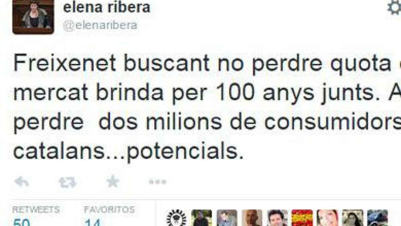 Tuit de la diputada autonómica de CiU Elena Ribera llamando al boicot contra Freixenet por brindar