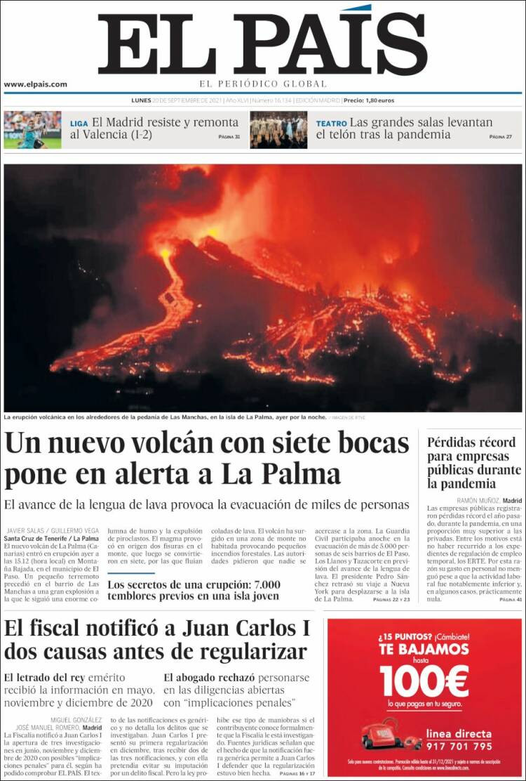 Portada de 'El País' del 20 de septiembre de 2021 / KIOSKO.NET