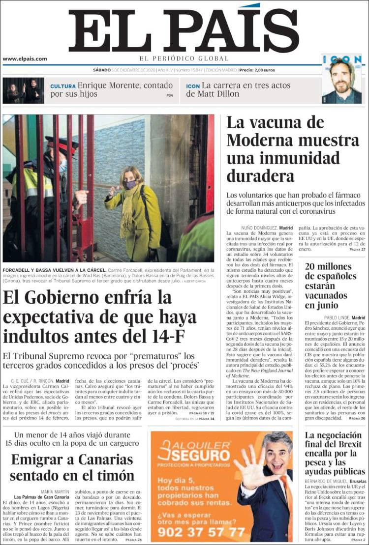 La portada de 'El País' de este 5 de diciembre, con las primeras planas dedicadas a los indultos del 'procés' / EL PAÍS