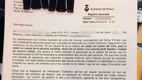 El documento entrado en el registro del ayuntamiento de El Masnou contra el dispensario de metadona / CG