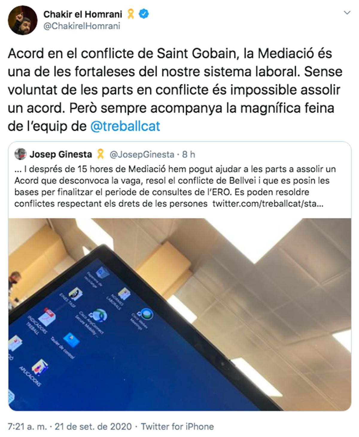 Tuit del consejero de Trabajo, Chaki el Homrani, tras el acuerdo entre la plantilla y Saint-Gobain