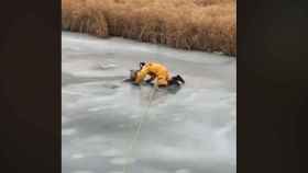 Un bombero rescata al perro atrapado en el hielo