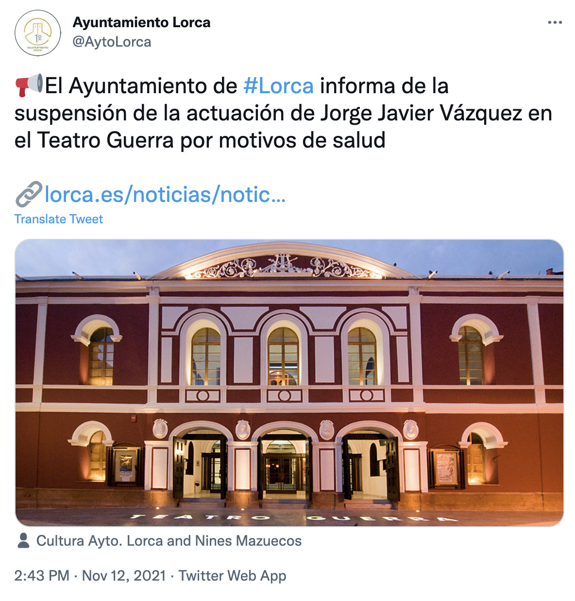 Publicación de el Ayuntamiento de Lorca en Twitter / @AytoLorca