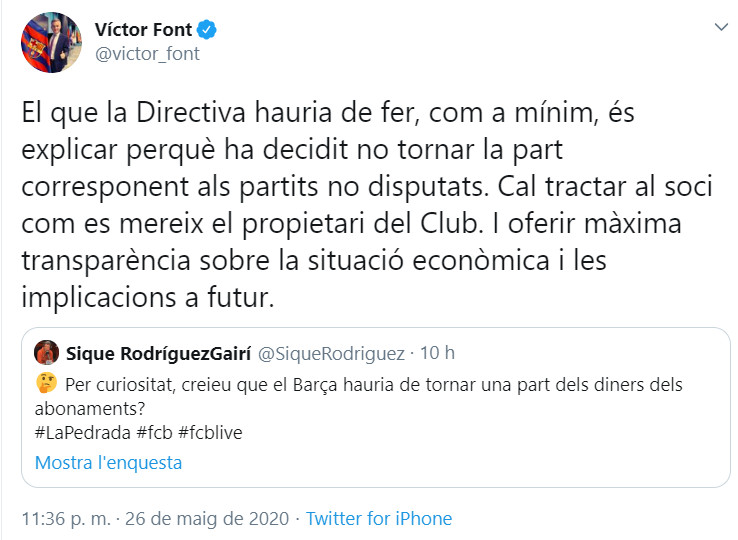 Publicación de Víctor Font sobre los abonos / Twitter