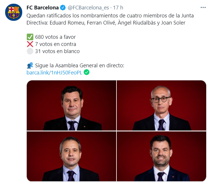 Publicación del Barça sobre la ratificación de los socios / FC Barcelona