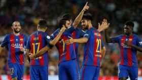 Aleix Vidal, Munir, Arda y Gomes celebrando un gol del Barça / EFE