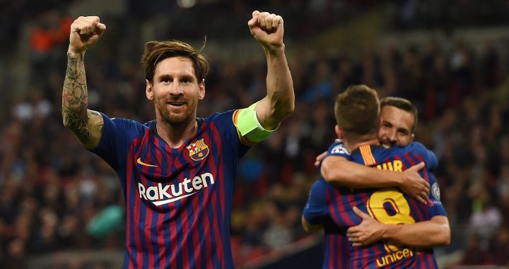 Leo Messi celebra el sufrido triunfo del Barça frente al Tottenham en la Champions / EFE
