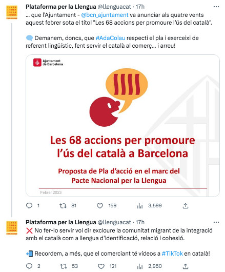 Plataforma per la Llengua critica a Colau por usar el castellano / TWITTER