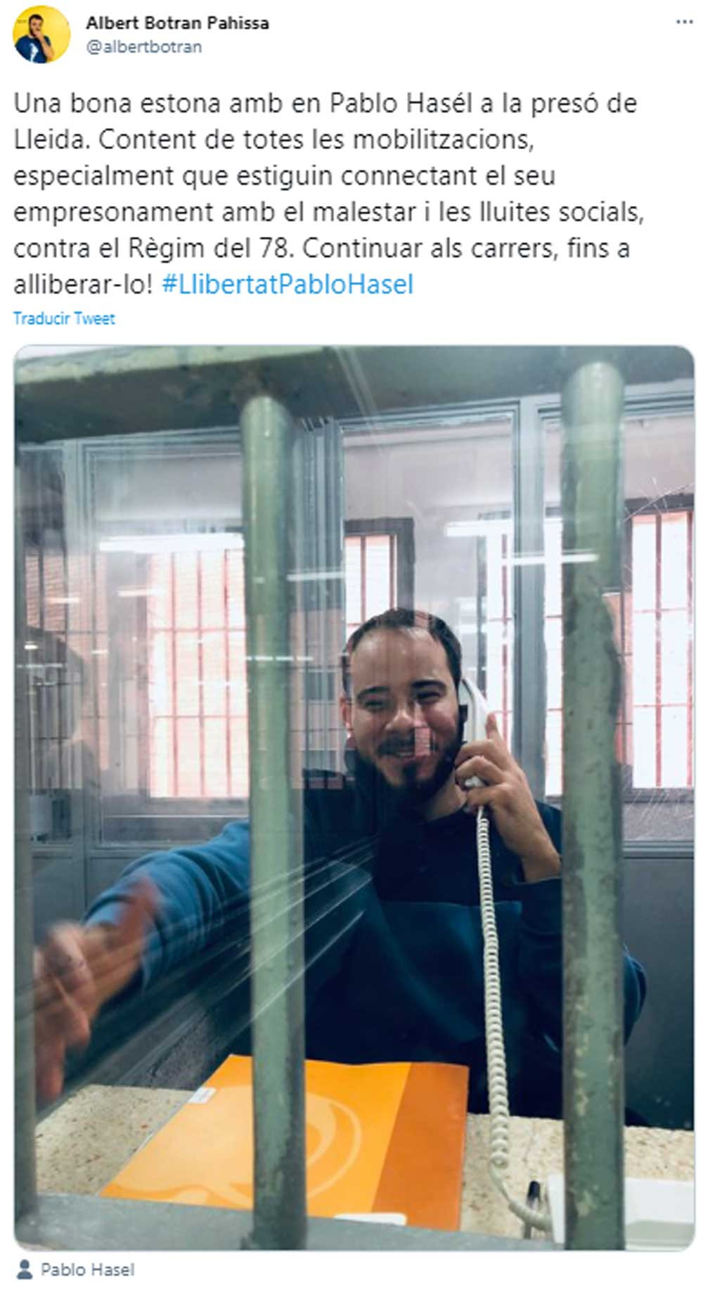Tuit de Albert Botran sobre su visita a Pablo Hasél en la cárcel / TWITTER