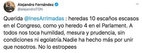 El tuit de Alejandro Fernández a Inés Arrimadas
