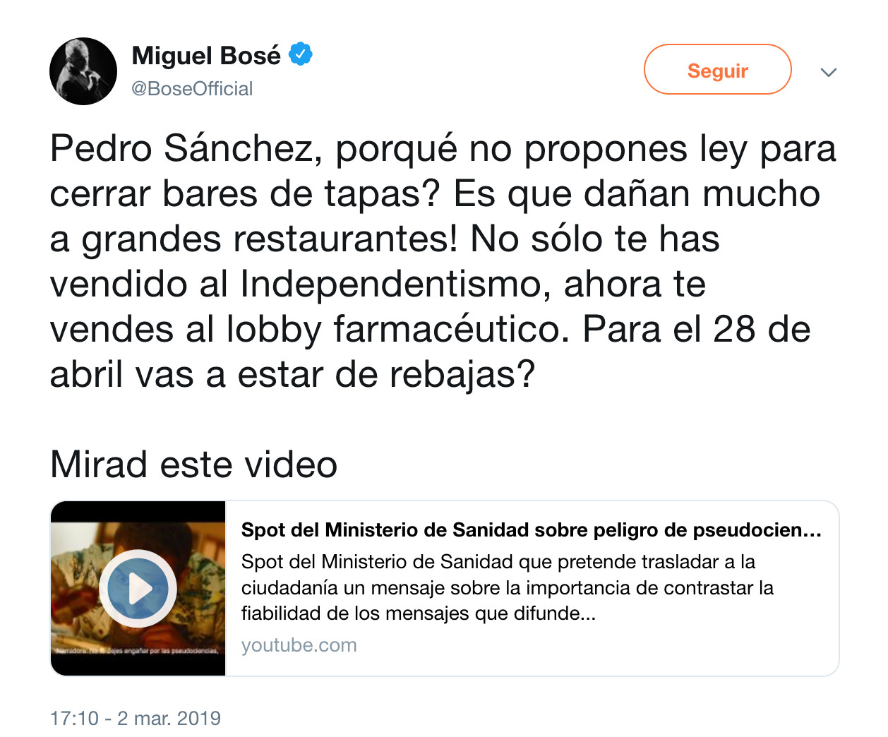 Miguel Bosé carga contra Pedro Sánchez / TWITTER