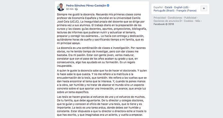 Parte del mensaje de Pedro Sánchez en Facebook sobre su tesis doctoral. Clicar sobre la imagen para acceder al mensaje completo